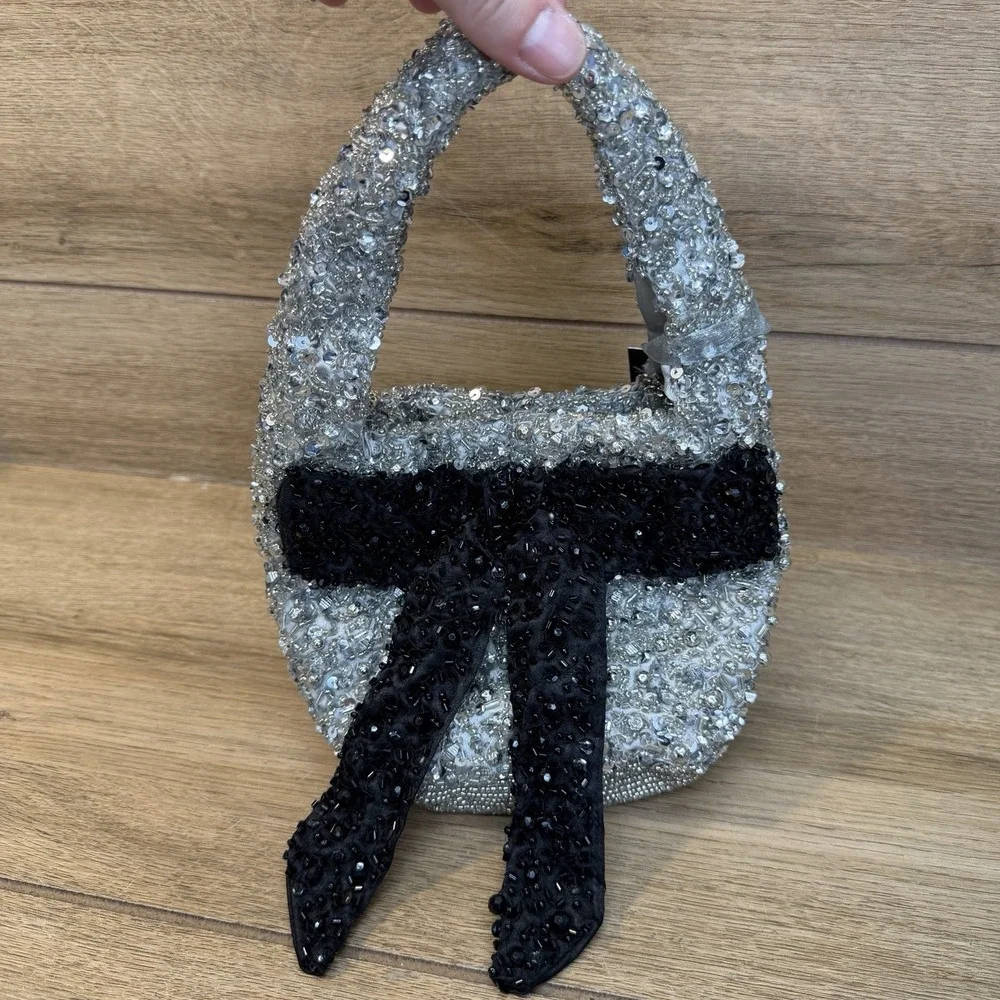 Silver Beaded Mini Bag Black Bow Crystal Sequin Sparkle Party Purse India